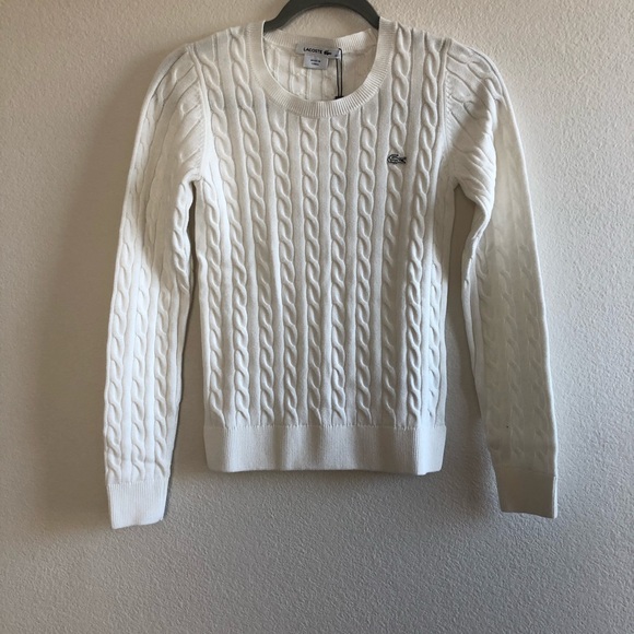 Lacoste Tops - LACOSTE Cotton Cable Knit Crewneck Sweater  White